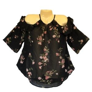 Jolt Exposed Shoulder Ruffle Front Floral Blouse
